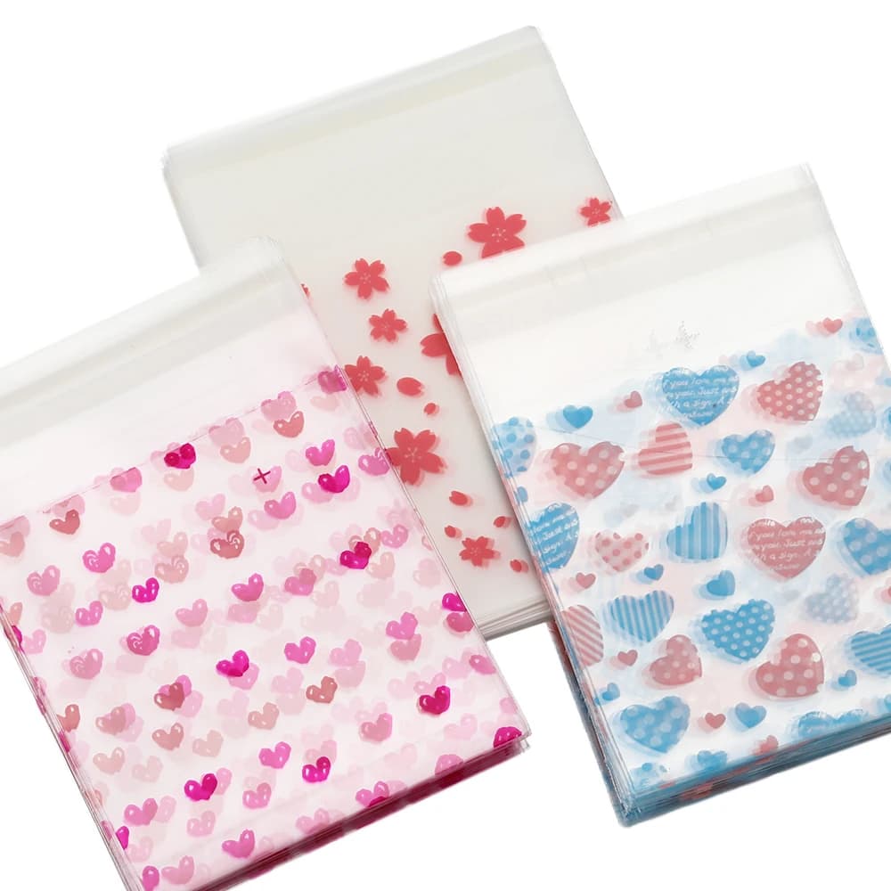 50pcs Valentine's Day Love Series Clear Plastic Self-Adhesive Bags for DIY Jewelry Packaging Display Baking Cookies Packaging