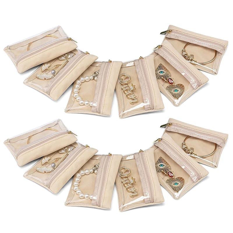 6pcs Mini Zipper Velvet Pouch Set with Plastic Visibility Transparent Window Portable Jewelry Organizers Travel Storage Bags