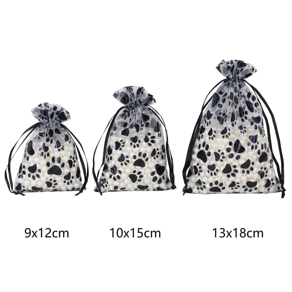 10/25/50pcs Black Cat Claw Pattern Organza Jewelry Bags 9x12/10x15/13x18cm Drawstring Pouches for Gift Candy Packing Wholesale