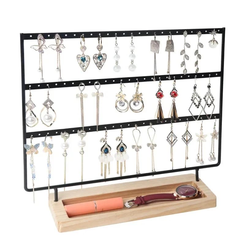 3-Tier Earring Organizer 75 Holes Jewelry Display Stand Metal Earring Holder with Wood Base Necklace Holder