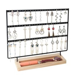 3-Tier Earring Organizer 75 Holes Jewelry Display Stand Metal Earring Holder with Wood Base Necklace Holder