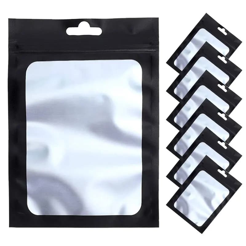 50pcs Black Foil Bags Mylar Zipper Hang Bag with Clear Window for Jewelry Display Packaging Self Sealing Reusable Foil Pouch