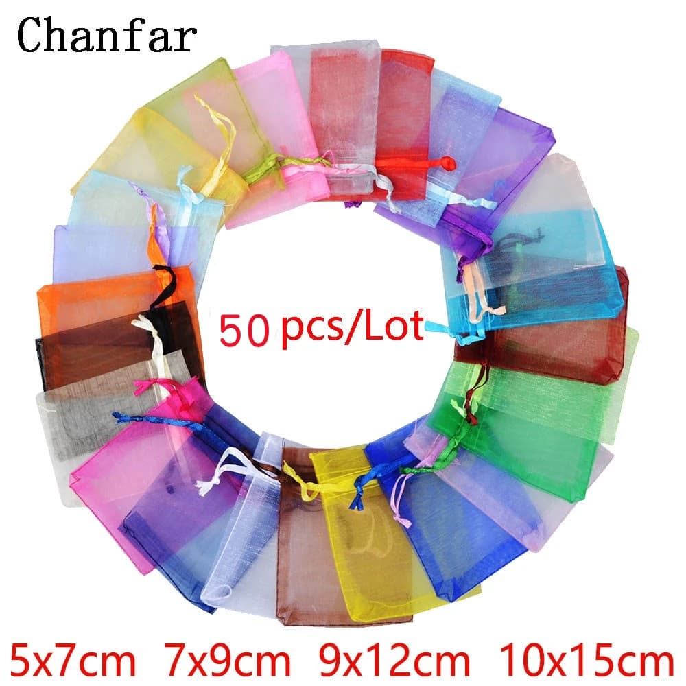 50pcs 24 Colors Jewelry Packaging Bag 5*7 7*9 9*12 10*15cm Organza Bags Gift Storage Wedding Drawstring Pouches Wholesales