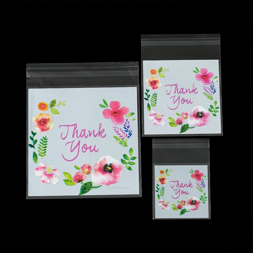 100pcs/lot Plastic Bags Thank you Cookie&Candy Bag Colorful Flower Print OPP Bags for DIY Jewelry Display Storage Gifts Bags