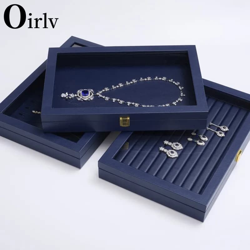 Oirlv New Blue Jewelry Organizer Tray Acrylic Lid Premium Leather Jewelry Box Transparent Lid Drawer Insert Jewelry Display Case
