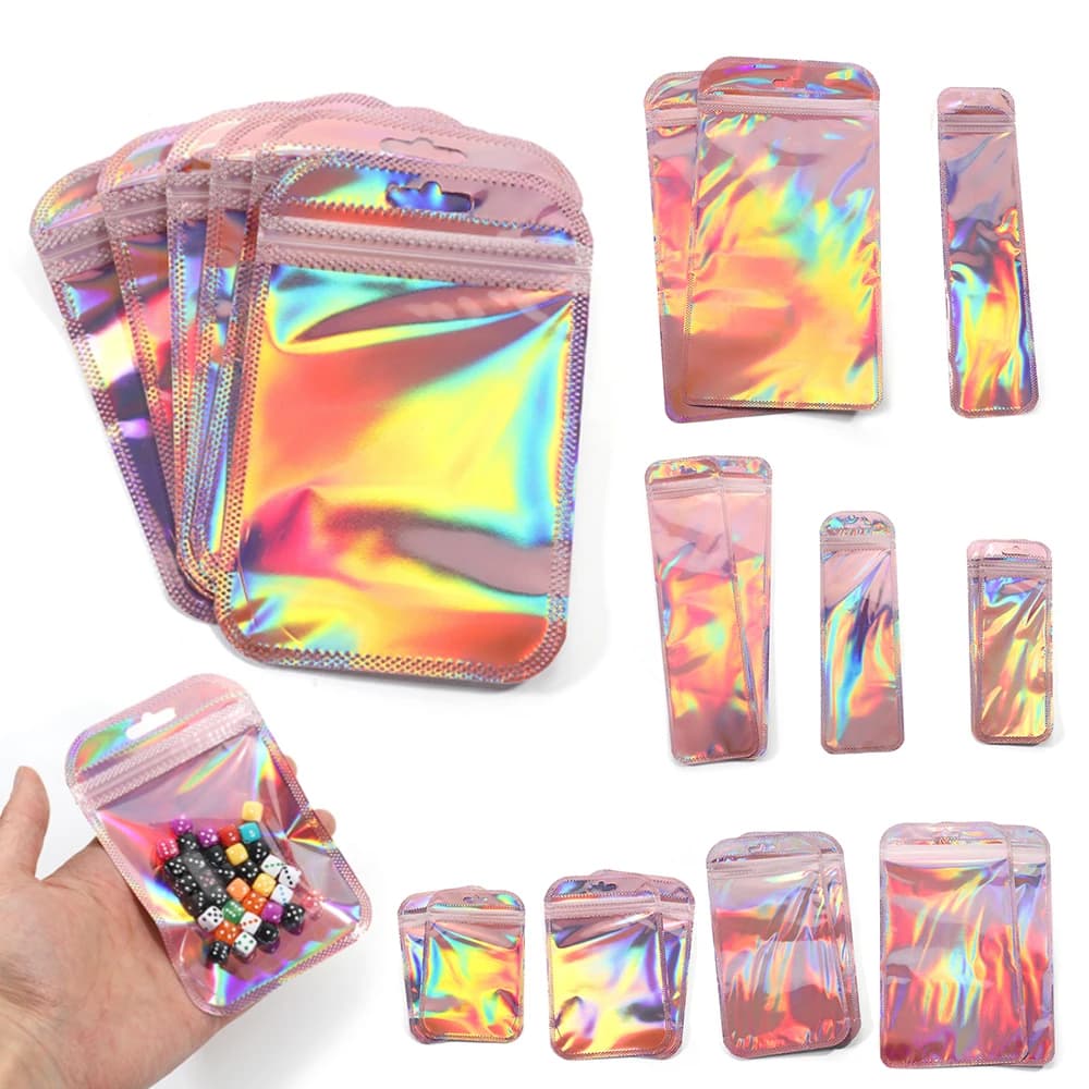 50pcs Iridescent Self Sealing OPP Bags Laser Iridescent Zip lock Resealable Package Pouch Retail DIY Jewelry Storage Accessories