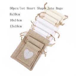 50Pcs/Lot 8x10 10x14 13x18cm Heart Shape Jute Gift Bags Cotton Linen Small Jewelry Pouches Burlap Drawstring Packaging Gift Bags