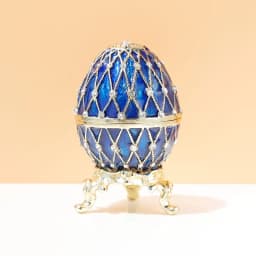 SUSUZUKU 1 PC Blue Faberge Egg Ornaments Collectible,Hand-Painted Easter Egg Crystal Jeweled Trinket Jewelry Box Hinged