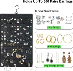 300Pairs Hanging Jewelry Organizer Bag for Earrings Necklace Bracelets Display Storage Double Sided Felt Rotating Hanger Joyero
