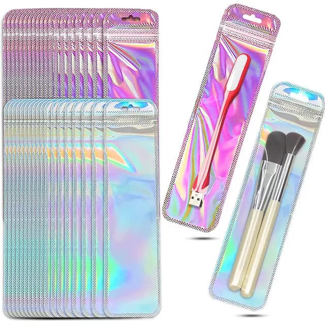 50pcs Long Iridescent Ziplock Bag Transparent Laser Plastic Seal Bags for DIY Jewelry Display Handicrafts Nail Eyelash Packaging