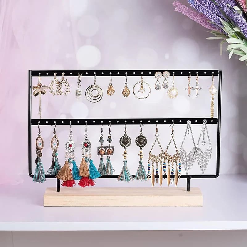 2-Tier 46-Hole Earring Display Holder Metal Wood Stand Jewelry Storage Organizer Ear Stud Rack Gift for Women
