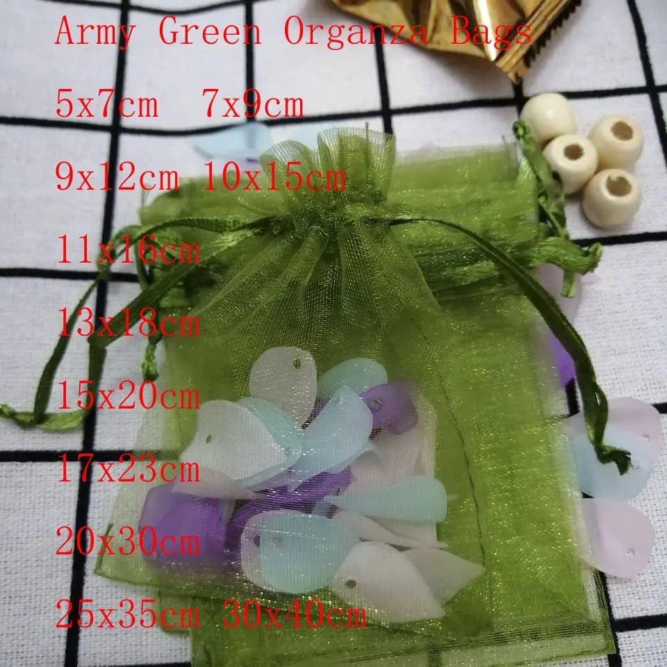 100pcs/Lot Army Green Organza Bags 7x9 9x12 10x15 13x18 15x20 cm Jewelry Drawstring Bags Christmas/Wedding/Gift Packing Bags