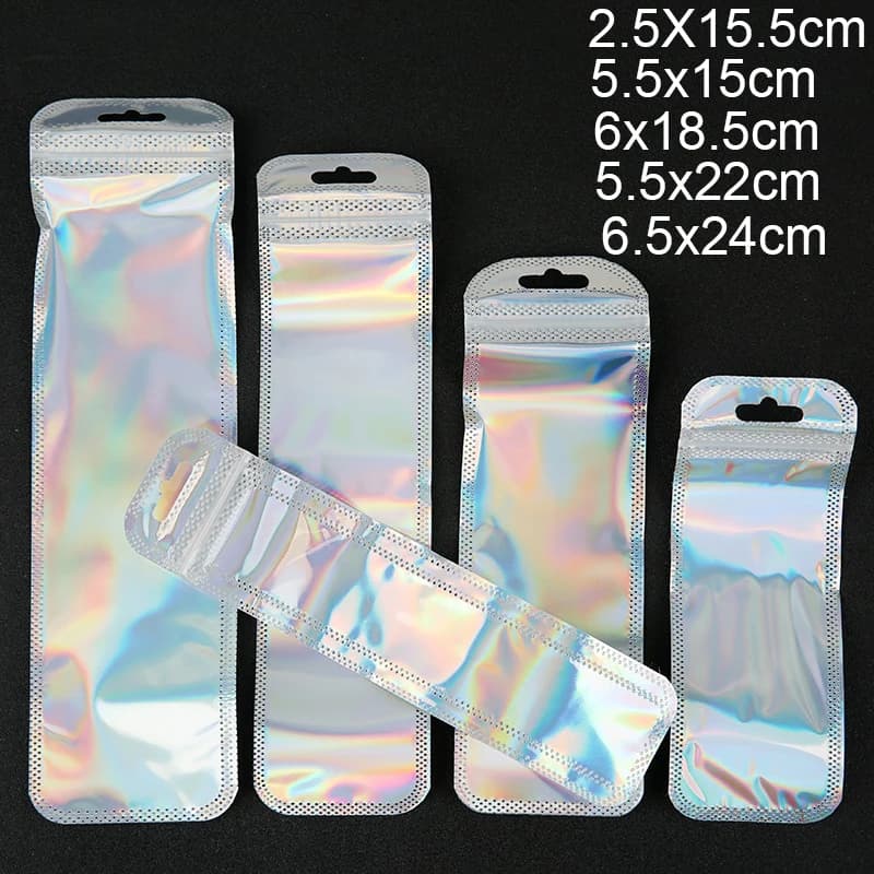 30pcs Long Laser Plastic Self Sealing Storage Bag Necklace Display Colorful Ziplock Pouch Zip Zipper Lock Bags Jewelry Packaging