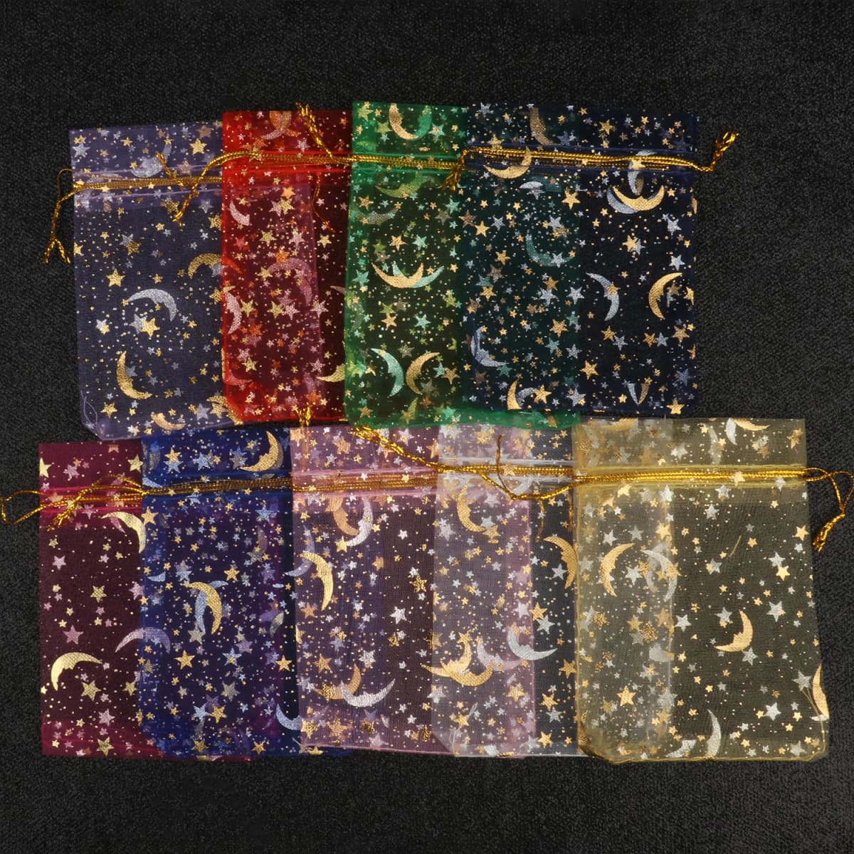 50pcs/lot Moon Star Organza Bags 7x9mm 9x12mm 11x16mm 13x18mm Small Christmas Drawstring Gift Bag Charm Jewelry Package Pouches