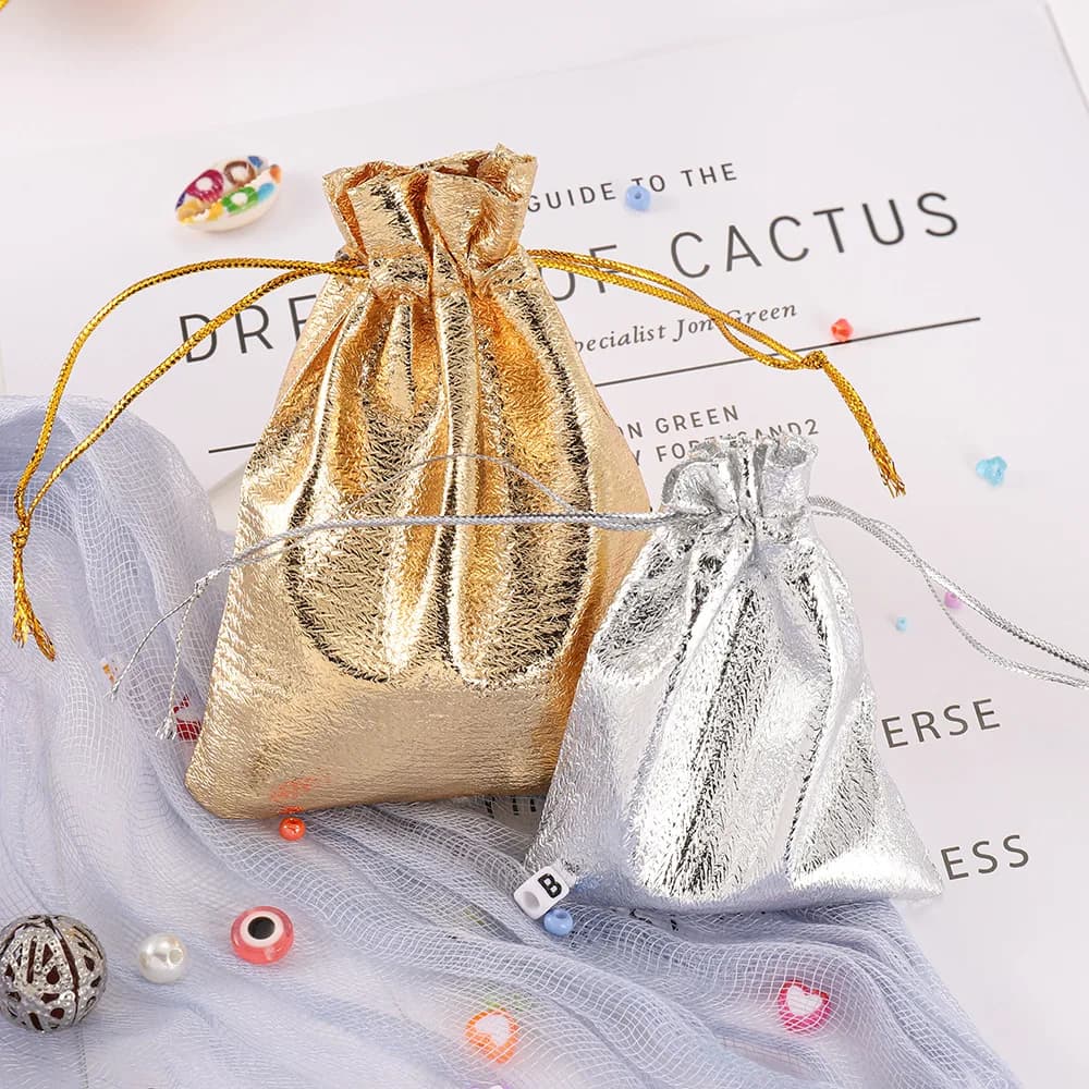 50pcs/lot 7x9cm 9x12cm Adjustable Jewelry Packing Fabric Bag Silver/Gold Colors Drawstring Wedding Storage Pouches