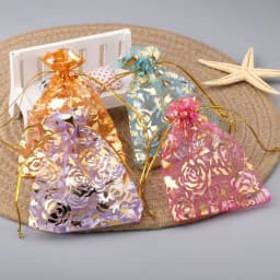 50pcs/lot Jewelry Bag Organza Gift Bag Hot Gold Color Rose Print Gifts Pouches Wedding Christmas Party Candy Jewelry Packing