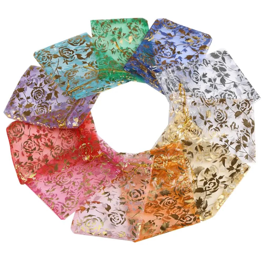 50pcs/lot Jewelry Bag Organza Gift Bag Hot Gold Color Rose Print Gifts Pouches Wedding Christmas Party Candy Jewelry Packing