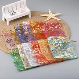 50pcs/lot Jewelry Bag Organza Gift Bag Hot Gold Color Rose Print Gifts Pouches Wedding Christmas Party Candy Jewelry Packing