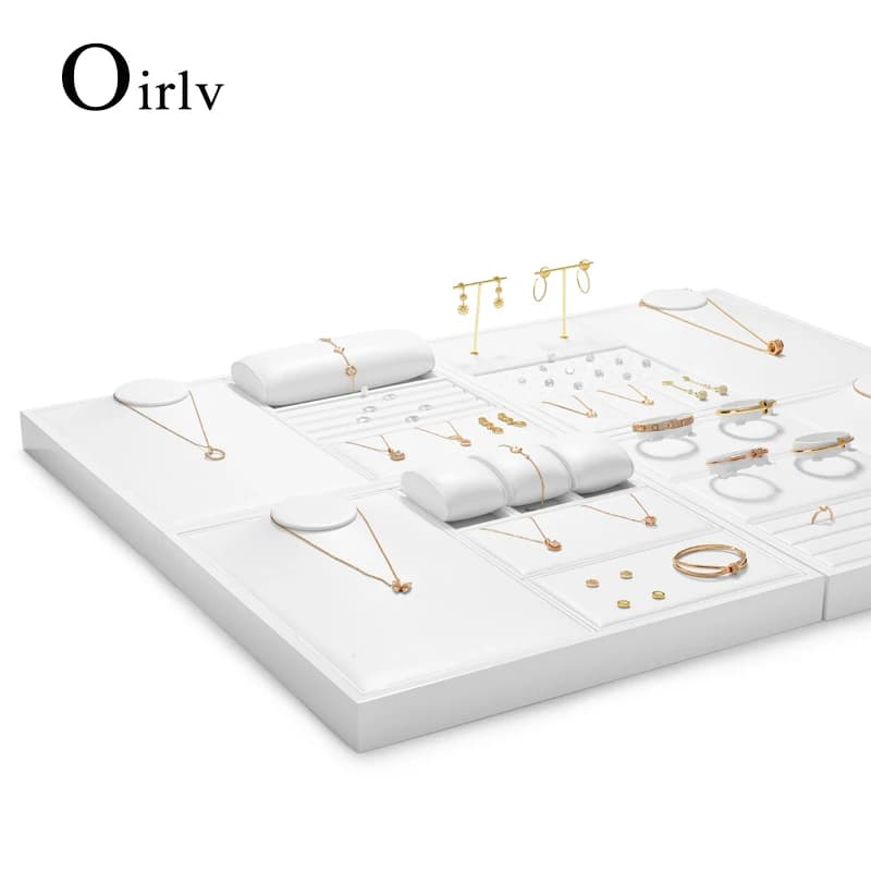 Oirlv Jewelry Display Tray White Ring Earring Display Jewelry Tray Leather Jewelry Trays Bangle Bracelet Necklace Display Trays