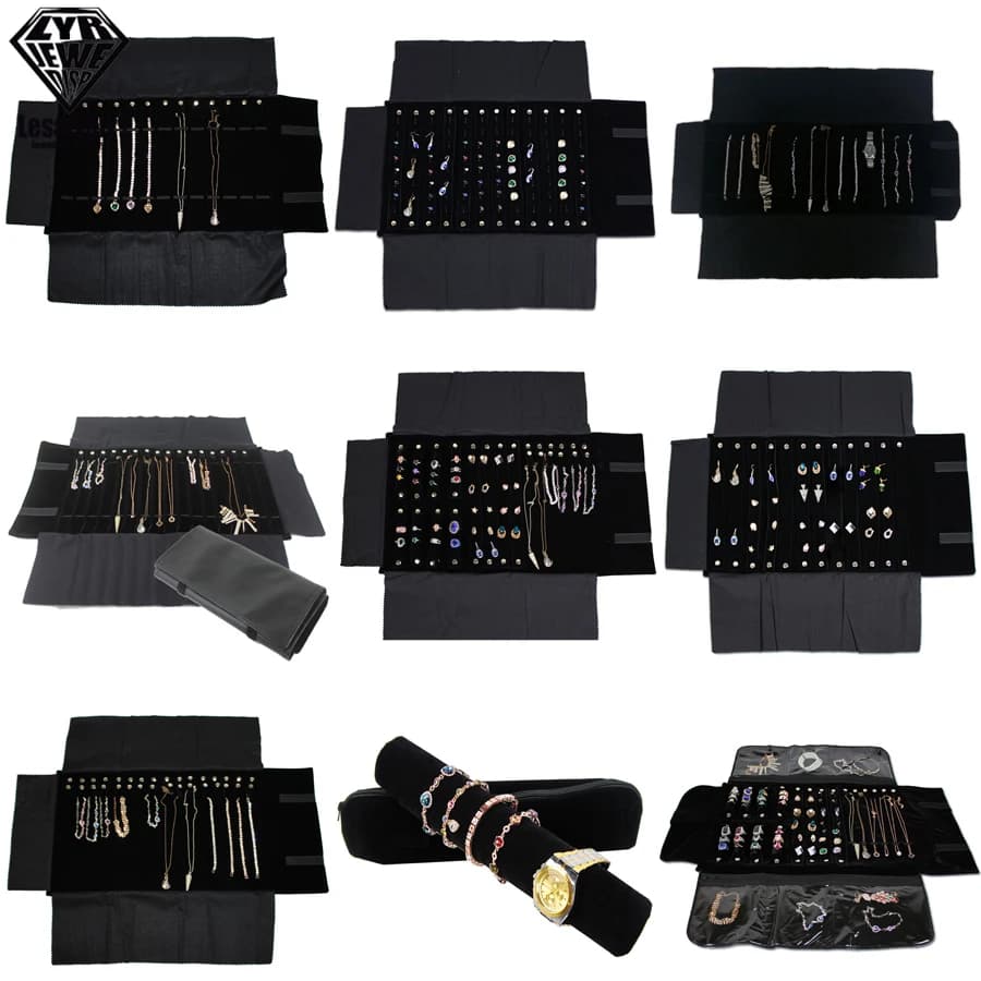 Portable Travel Jewelry Roll Bag Black Velvet Pendant Necklace Bracelet Storage Case Watch Bangle Ring Earring Organizer