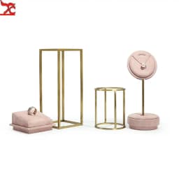 Pink Fabric Jewelry Display Stand Metal Rack Jewelry Exhibition Earrings Necklace Display Props Set Model Showcase