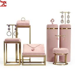 Pink Fabric Jewelry Display Stand Metal Rack Jewelry Exhibition Earrings Necklace Display Props Set Model Showcase