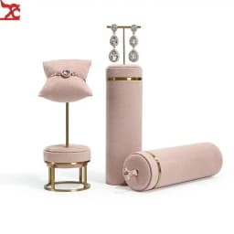 Pink Fabric Jewelry Display Stand Metal Rack Jewelry Exhibition Earrings Necklace Display Props Set Model Showcase