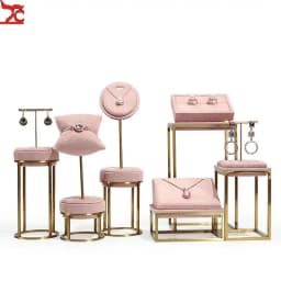 Pink Fabric Jewelry Display Stand Metal Rack Jewelry Exhibition Earrings Necklace Display Props Set Model Showcase