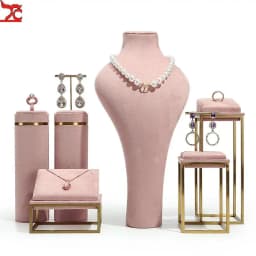 Pink Fabric Jewelry Display Stand Metal Rack Jewelry Exhibition Earrings Necklace Display Props Set Model Showcase