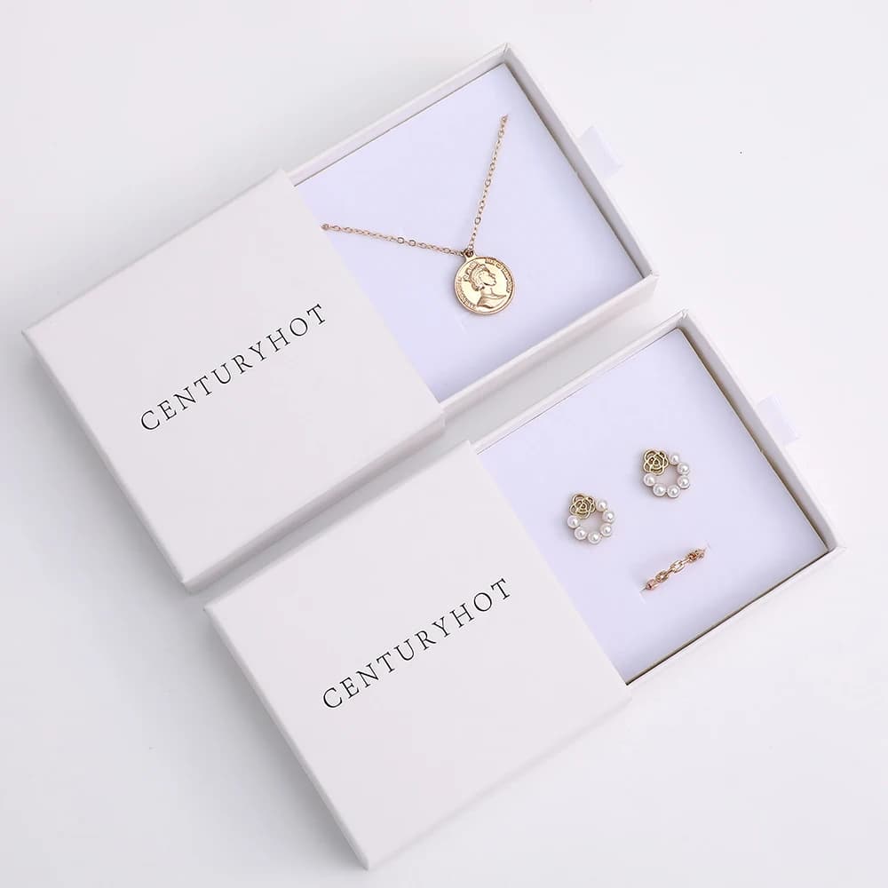 50-500pcsCustom Logo White Drawer Box Paper Cardboard Jewelry Box with Foam Inner Necklace Bracelet Ring Ring Earring Box