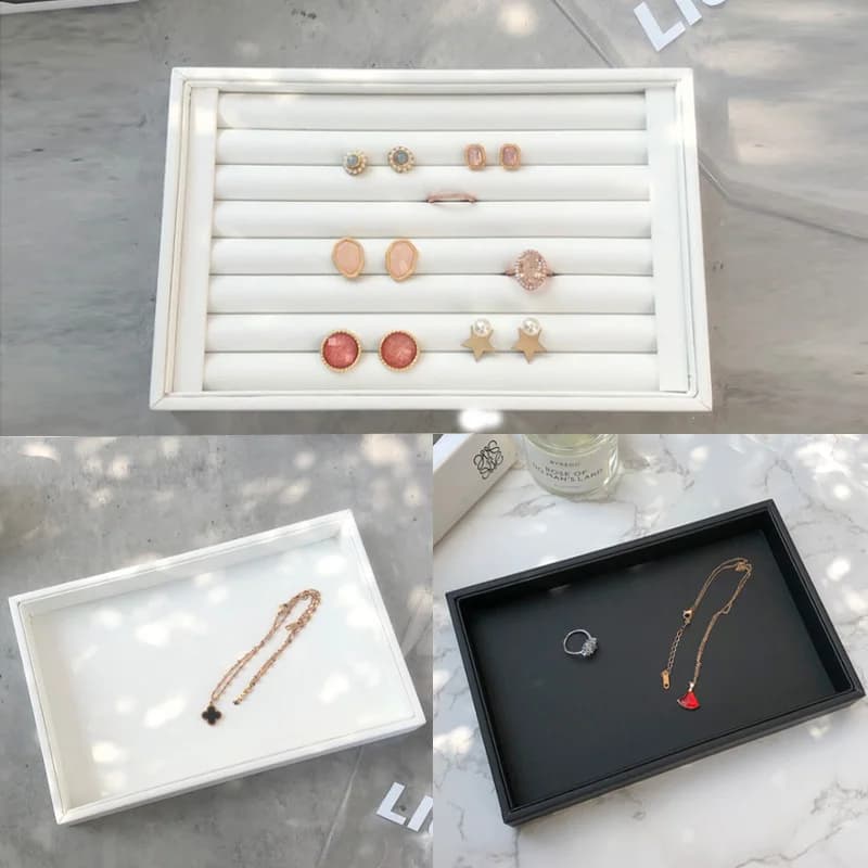 Newly White PU Rings/Flat Jewelry Display Velvet Slots Earrings Rings Tray Organizer Holder Case Box  8 Colors