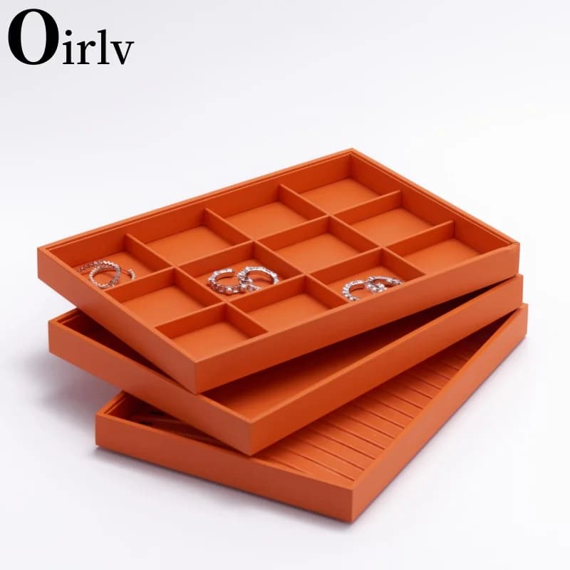 Oirlv New Luxury Orange Leather Stackable Jewelry Tray Jewelry Drawer Organizer Trays Rings Earrings Storage Display Props