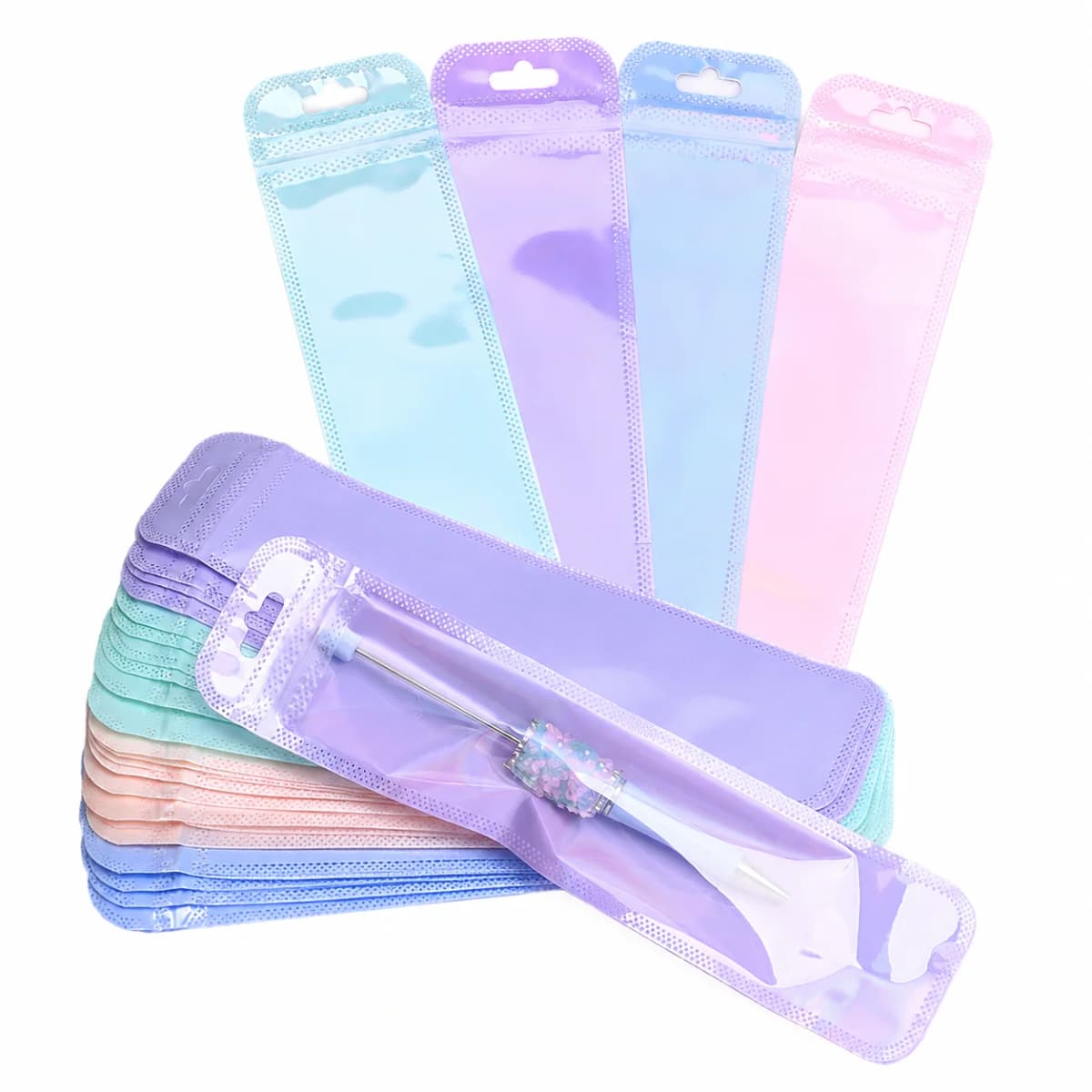 50pcs Holographic Packaging Bags Colorful Resealable Plastic Bags with Hang Hole for DIY Beaded Pens Jewelry and Small Craft