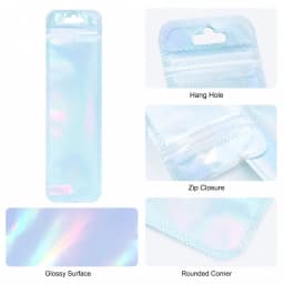 50pcs Holographic Packaging Bags Colorful Resealable Plastic Bags with Hang Hole for DIY Beaded Pens Jewelry and Small Craft