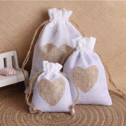 5pcs 8x10 10x14 13x18cm Heart Shape Print Linen Drawstring bags Small Jewelry Pouches Wedding Cotton Burlap Packaging Gift Bag
