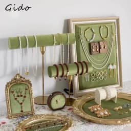 Vintage Velvet Jewelry Display Tray Set Green Cloth Necklace Bracelet Earring Stand Holder for Retro Gold