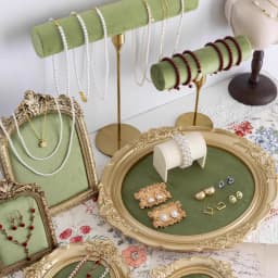 Vintage Velvet Jewelry Display Tray Set Green Cloth Necklace Bracelet Earring Stand Holder for Retro Gold