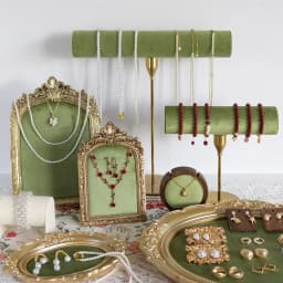 Vintage Velvet Jewelry Display Tray Set Green Cloth Necklace Bracelet Earring Stand Holder for Retro Gold
