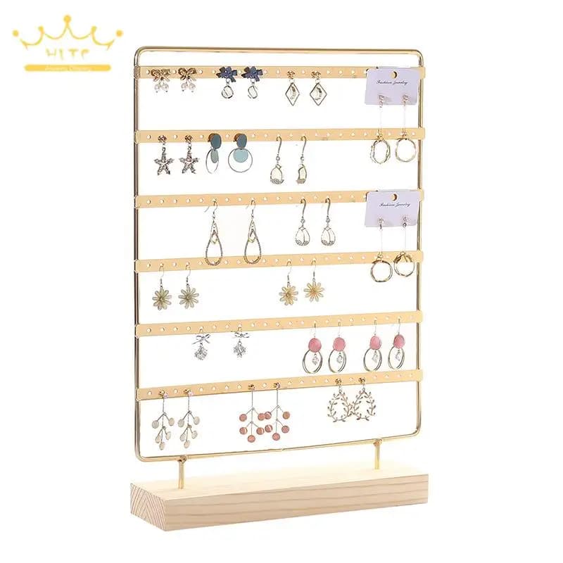 Metal 6 Layers Earring Display Holder Ear Stud Display Rack Wood Base 3-Tiers 69 Holes Jewelry Storage Organizer Stand Reusable