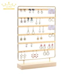 Metal 6 Layers Earring Display Holder Ear Stud Display Rack Wood Base 3-Tiers 69 Holes Jewelry Storage Organizer Stand Reusable
