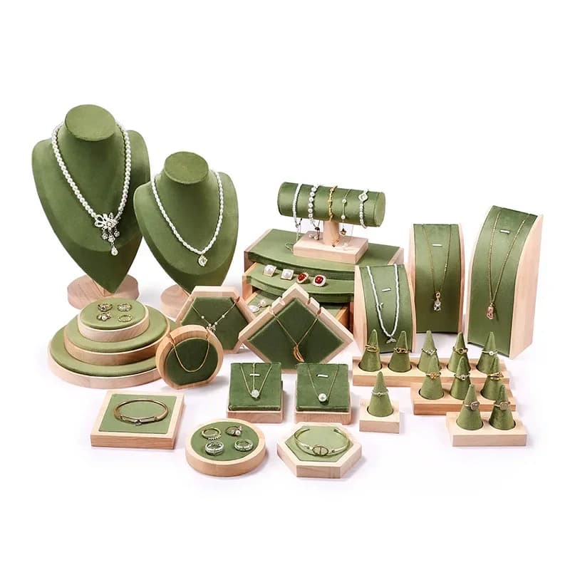 Solid Wood Green Velvet Jewelry Display Stand for Ring Stud Necklace Pendant Bracelet Storage and Display Rack