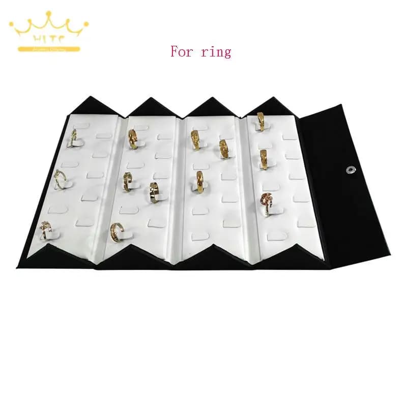 Portable Foldable Jewelry Storage Box Black Leather Outer and White Leather Inner Jewelry Box Rings Necklace Pendant Container