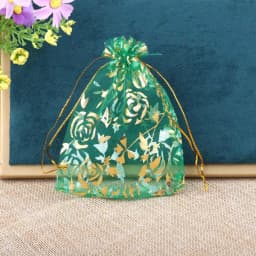 50pcs/lot Organza Drawstring Bag Colorful Hot Gold Color Rose Print Gifts Pouches Wedding Christmas Party Candy Jewelry Packing