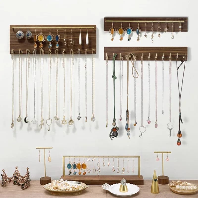 Wooden Necklace Display Stands Jewelry Display Shelf Rack Bracelet Holder Jewellery Hanging Props Earring Case Wall Sticker