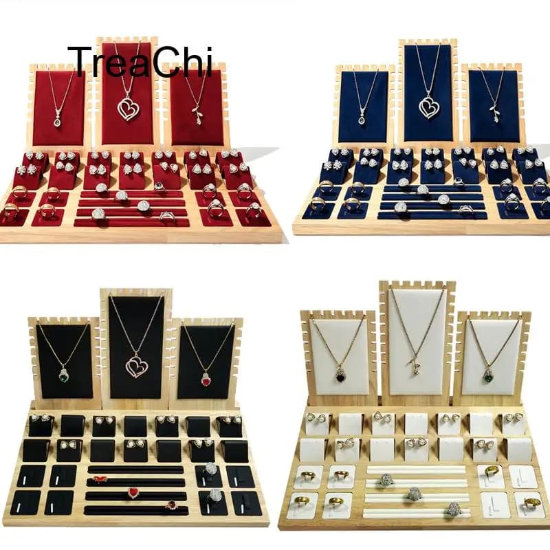 Solid Wood Jewelry Display Stand Necklace Pendant Bracelet Chain Ring Earrings Stud Organizer Jewelry Display Props Entire Set