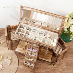 Wood Jewelry Storage Box Necklace Retro Jewelry Organizer Box Ring Bracelet Stud Earring Storage Boxes Display Stand with Mirror
