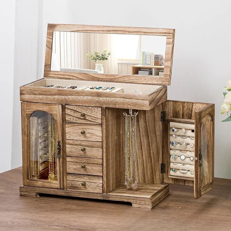Wood Jewelry Storage Box Necklace Retro Jewelry Organizer Box Ring Bracelet Stud Earring Storage Boxes Display Stand with Mirror