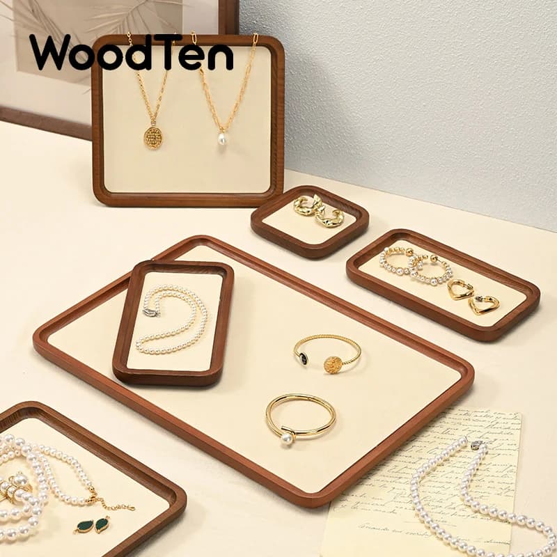 WoodTen Solid Wood Jewelry Tray Retro Ring Earring Display Necklace Bracelet Watch Jewelry Tray Stackable Jewelry Organizer Tray