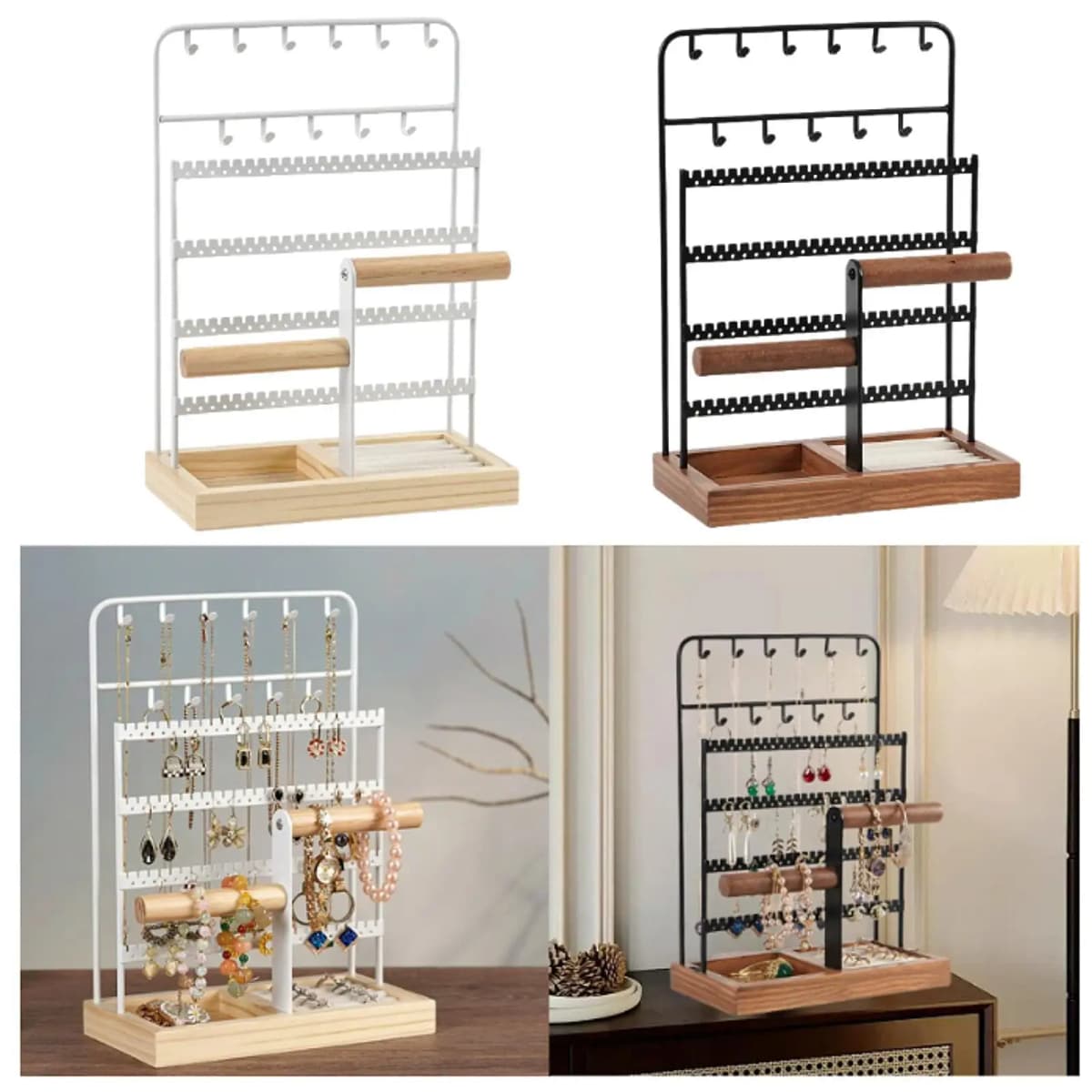 Necklace And Earring Storage Tree with Wooden Base for Jewelry Organization
