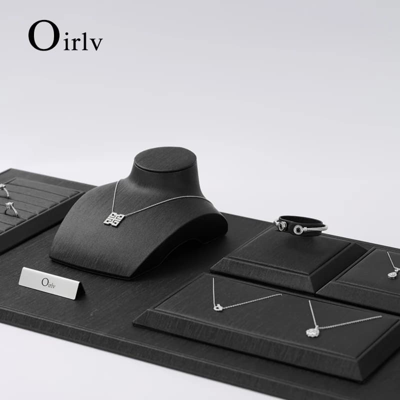 Oirlv Black Leather Jewelry Display Set Shop Cabinet Display Prop for Necklace Display Bust Ring Earrings Bangle Decoration Rack